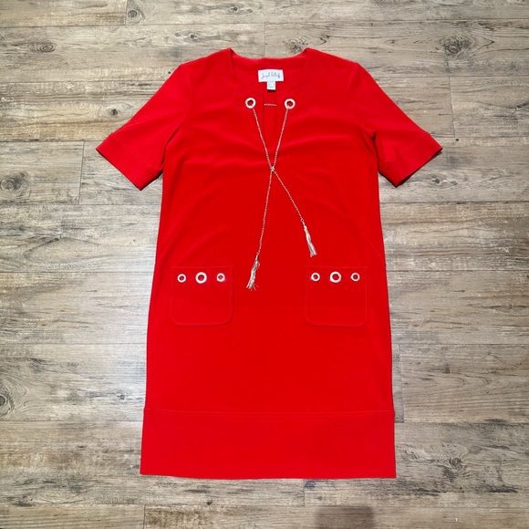 Joseph Ribkoff Merlot Dress Size 10 w/ Pockets, Eyelet Buttons and Chain Accent - Picture 7 of 13